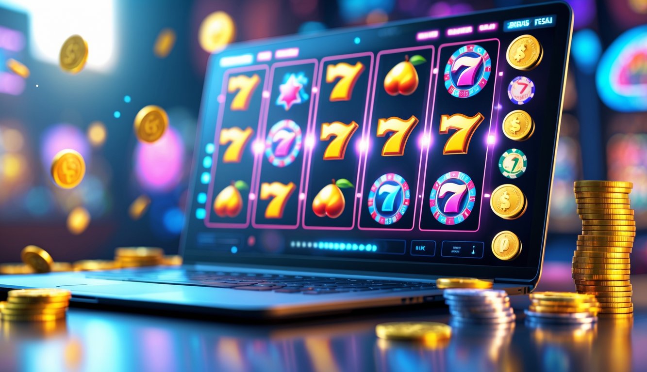 Layar komputer menampilkan permainan mesin slot dengan simbol warna-warni dan koin bersinar di sekitarnya.