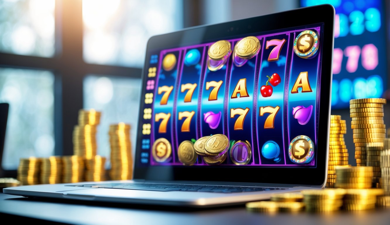 Sebuah komputer menampilkan permainan slot online dengan simbol kemenangan dan koin emas di sekitarnya.
