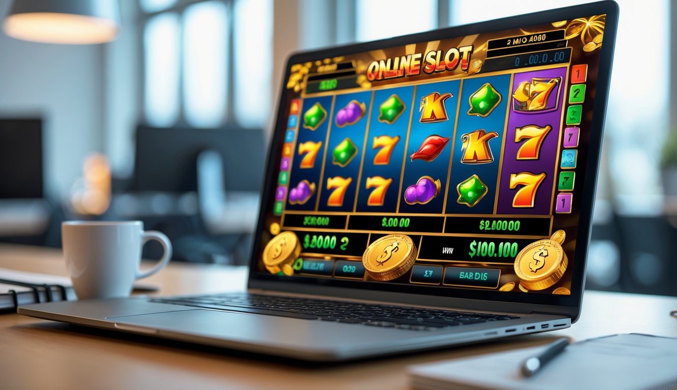 Layar laptop menampilkan permainan slot online dengan simbol berwarna-warni di meja kerja modern.