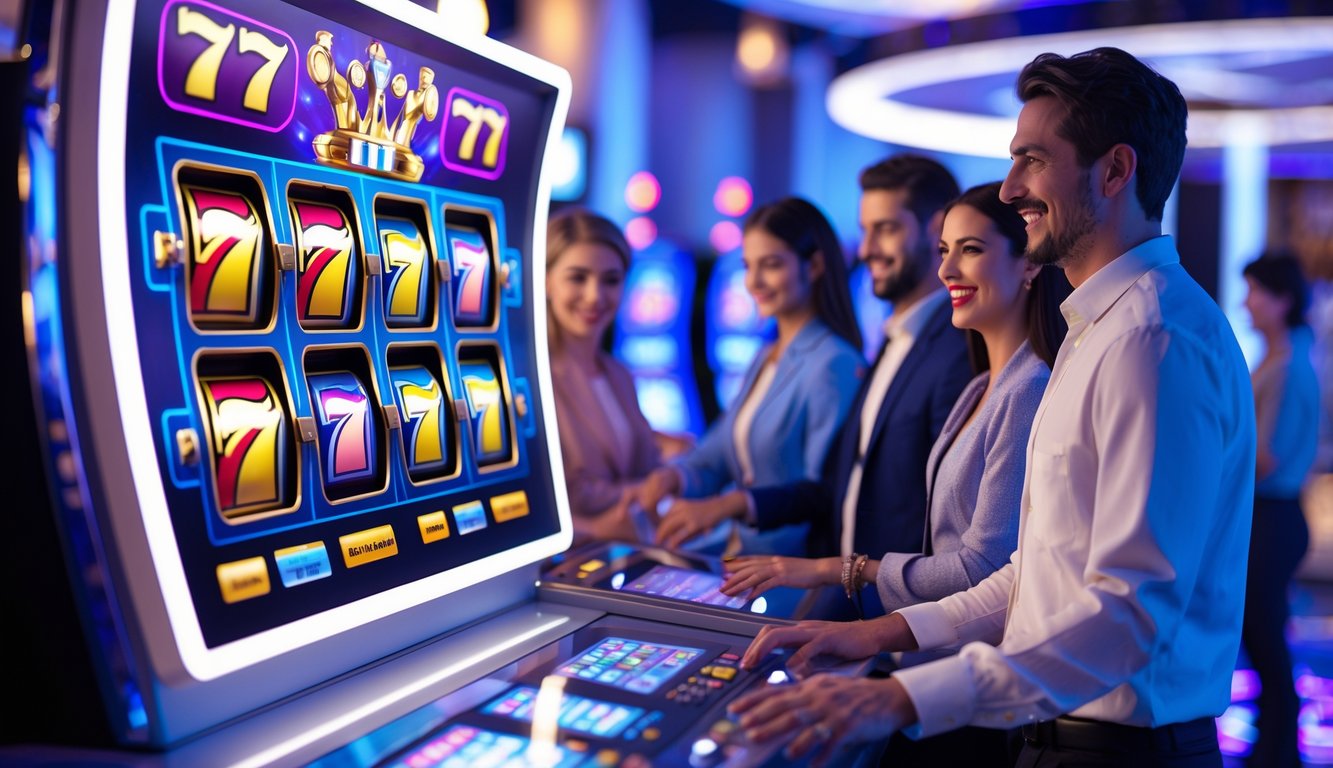 Orang-orang menggunakan mesin slot modern di lingkungan kasino yang mewah dan futuristik.