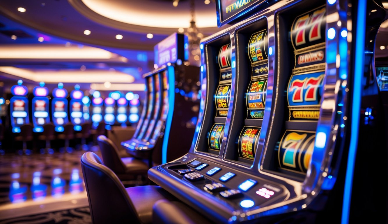Mesin slot modern yang berwarna-warni di dalam kasino yang mewah dengan pencahayaan lembut dan latar belakang mesin permainan lainnya.