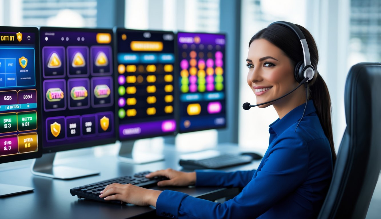 Seorang perwakilan layanan pelanggan yang ramah duduk di depan komputer dengan tampilan permainan slot dan simbol keamanan di latar belakang.