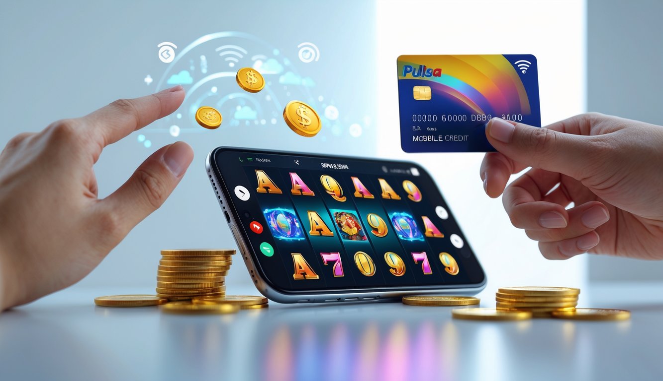 Tangan memegang kartu kredit dan berinteraksi dengan ponsel yang menampilkan permainan slot online, menunjukkan konsep pembayaran menggunakan pulsa.