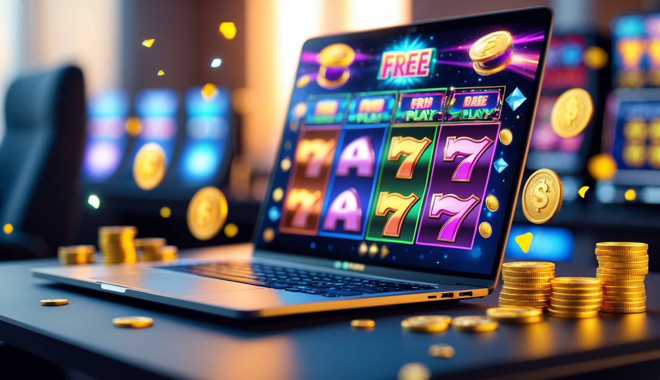 Seseorang sedang bermain permainan slot online di komputer dengan koin emas dan simbol hadiah di sekitar layar.