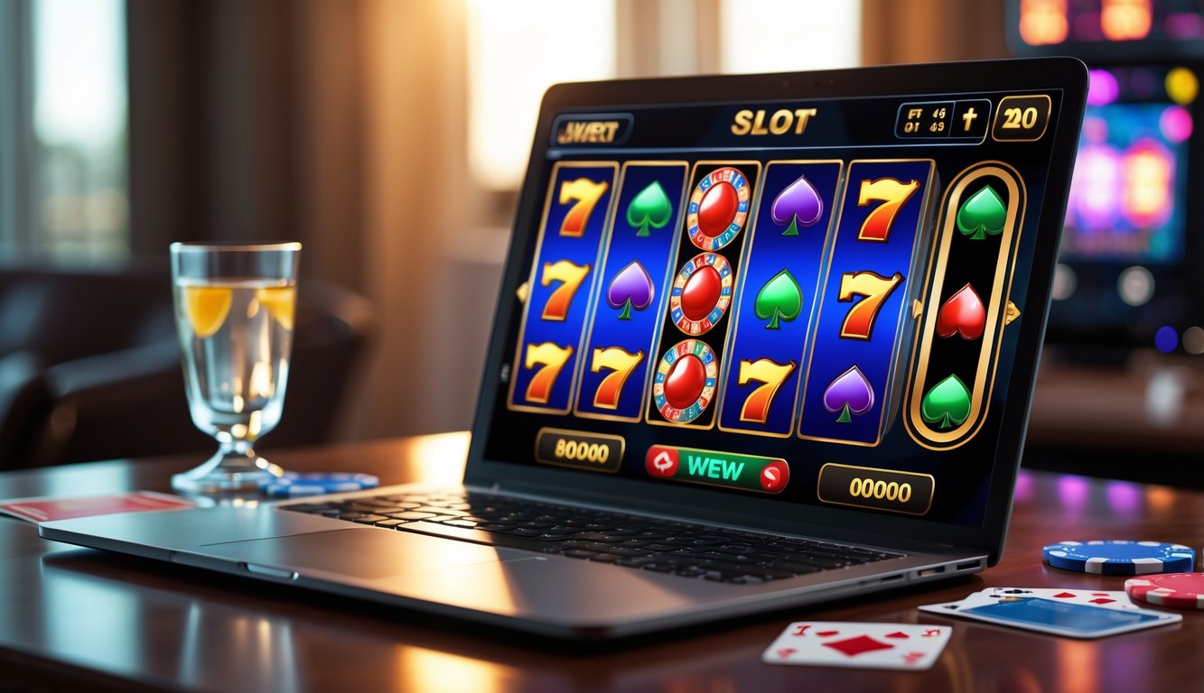 Sebuah meja dengan komputer menampilkan permainan slot online dan beberapa chip poker serta kartu bermain di sekitarnya.