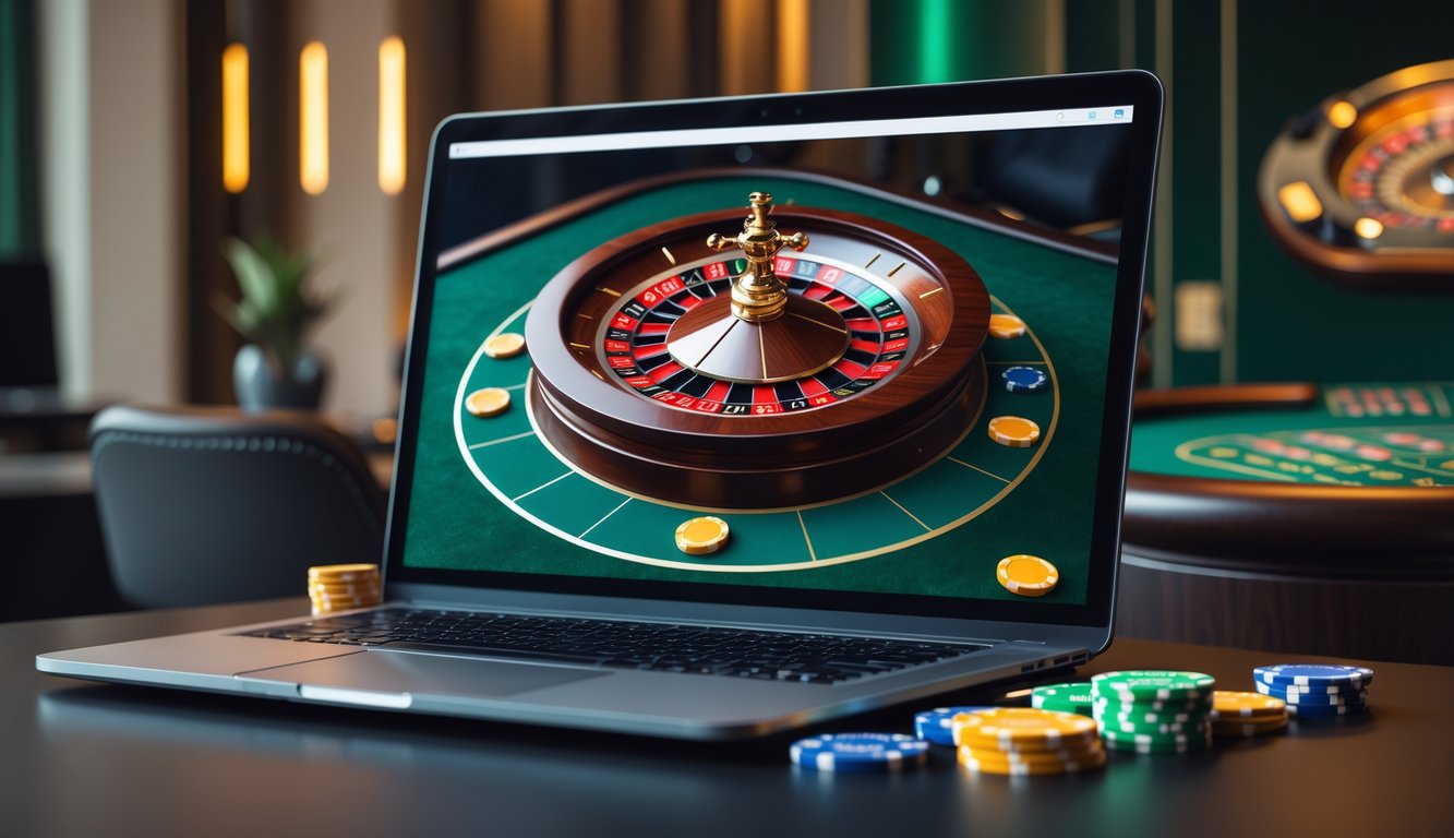 Sebuah komputer menampilkan roda roulette digital dengan chip berwarna di meja virtual dalam ruangan bergaya kasino.