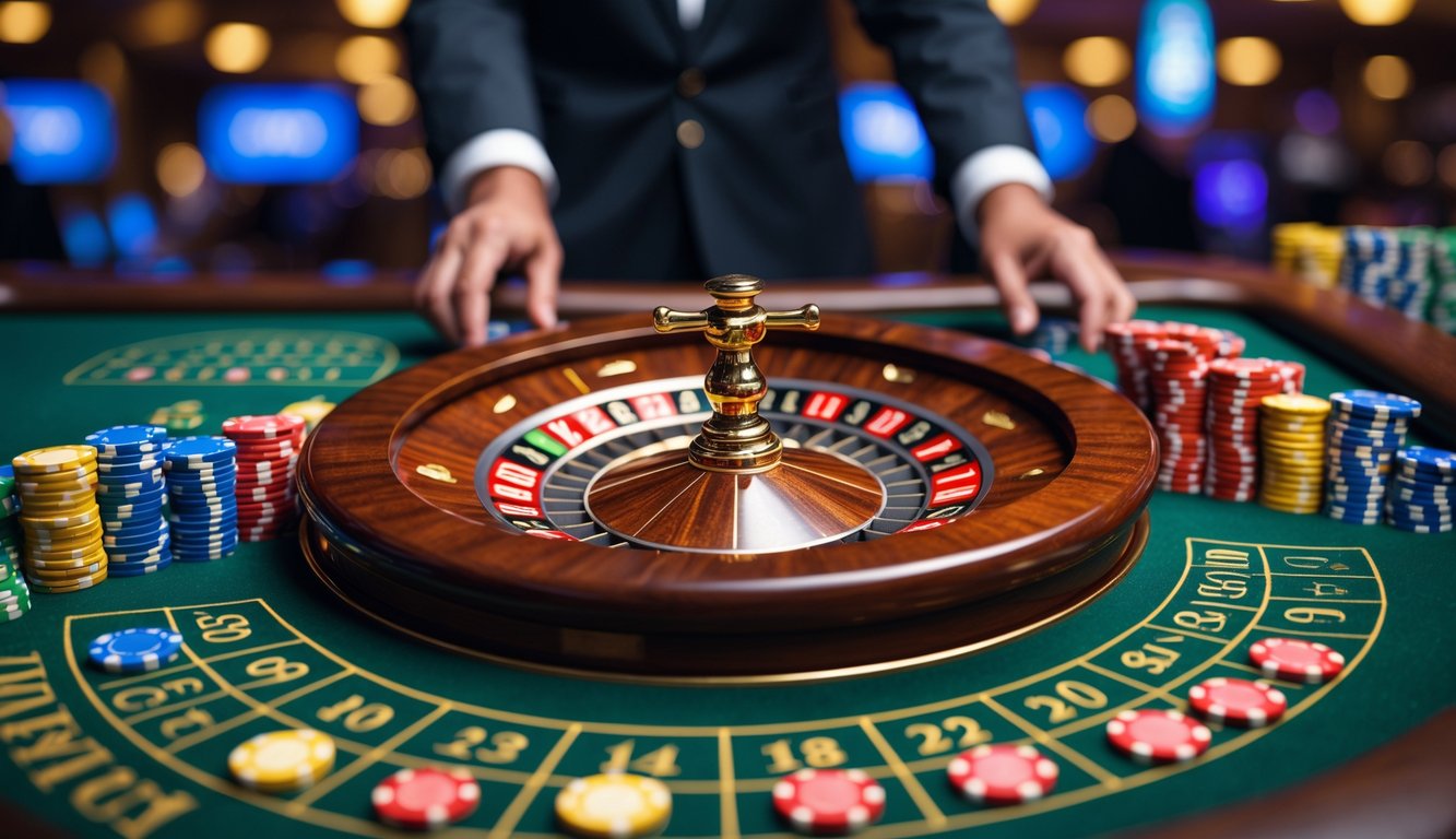 Meja roulette kasino dengan roda yang sedang berputar dan tumpukan chip taruhan di sekitarnya.