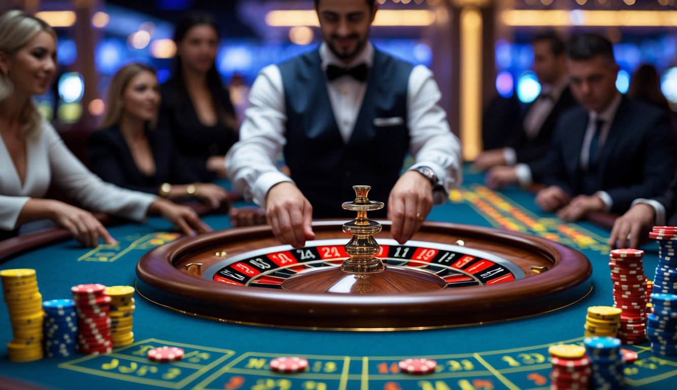 Seorang dealer memutar roda roulette di kasino dengan pemain yang sedang memasang taruhan di meja.