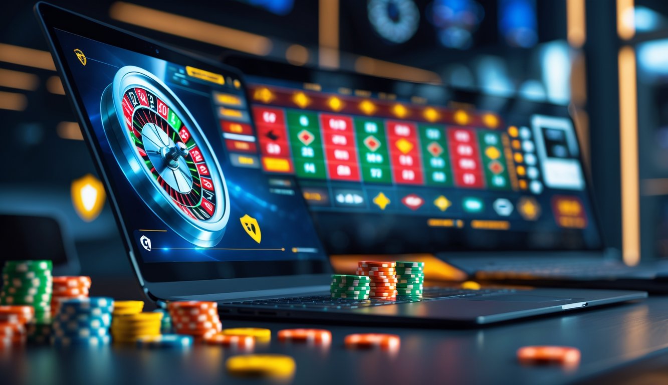 Sebuah meja kerja dengan komputer menampilkan roda roulette online yang sedang berputar dan chip warna-warni di sekitarnya.
