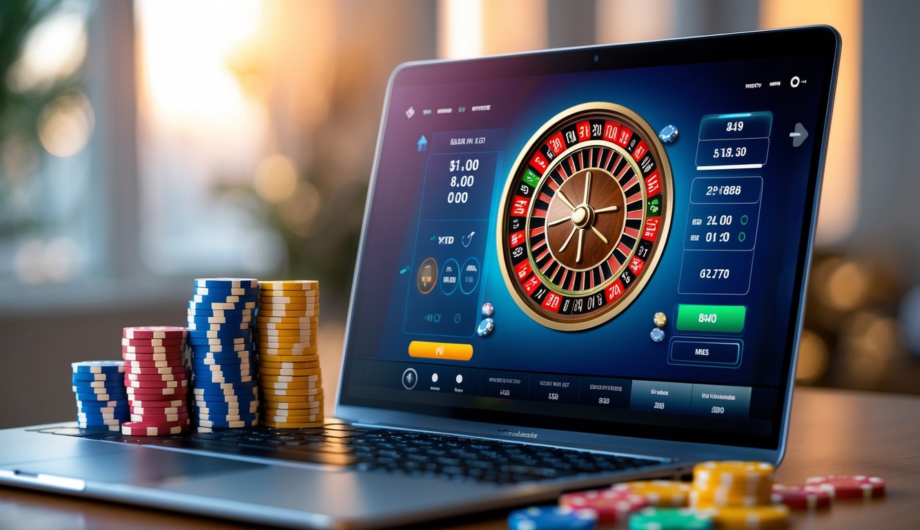 Sebuah meja dengan komputer menampilkan permainan roulette online dengan roda roulette berwarna-warni dan tumpukan chip di sampingnya.