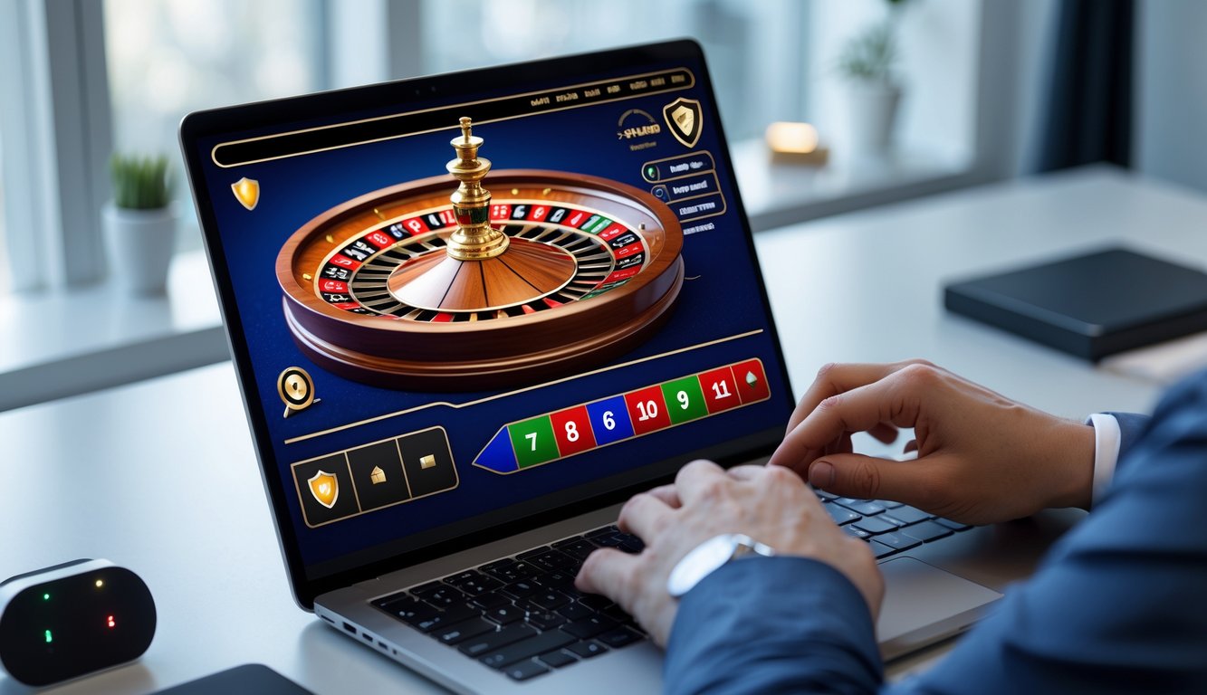 Seseorang menggunakan komputer dengan tampilan roda roulette digital yang berputar di layar dalam suasana kerja yang rapi dan terang.