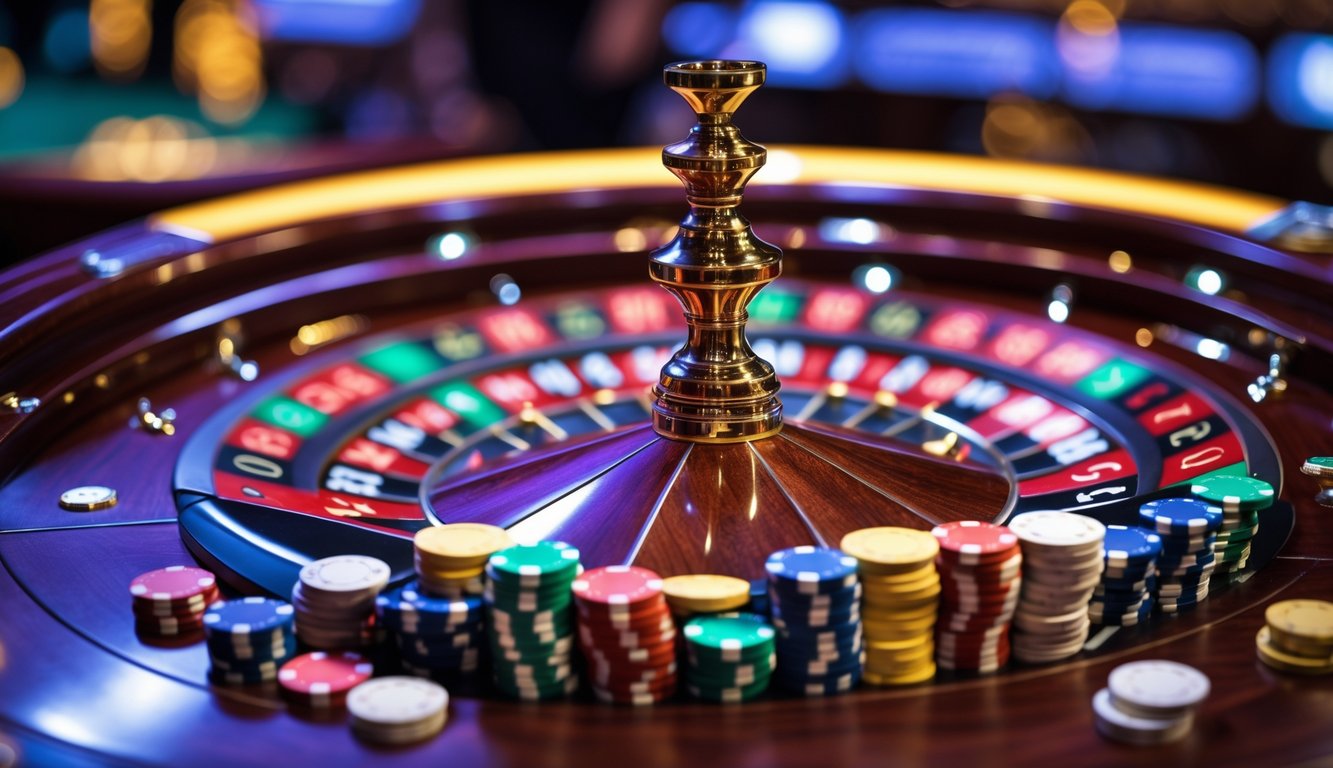 Meja roulette kasino dengan roda roulette yang sedang berputar dan tumpukan chip taruhan berwarna-warni di sekitarnya.