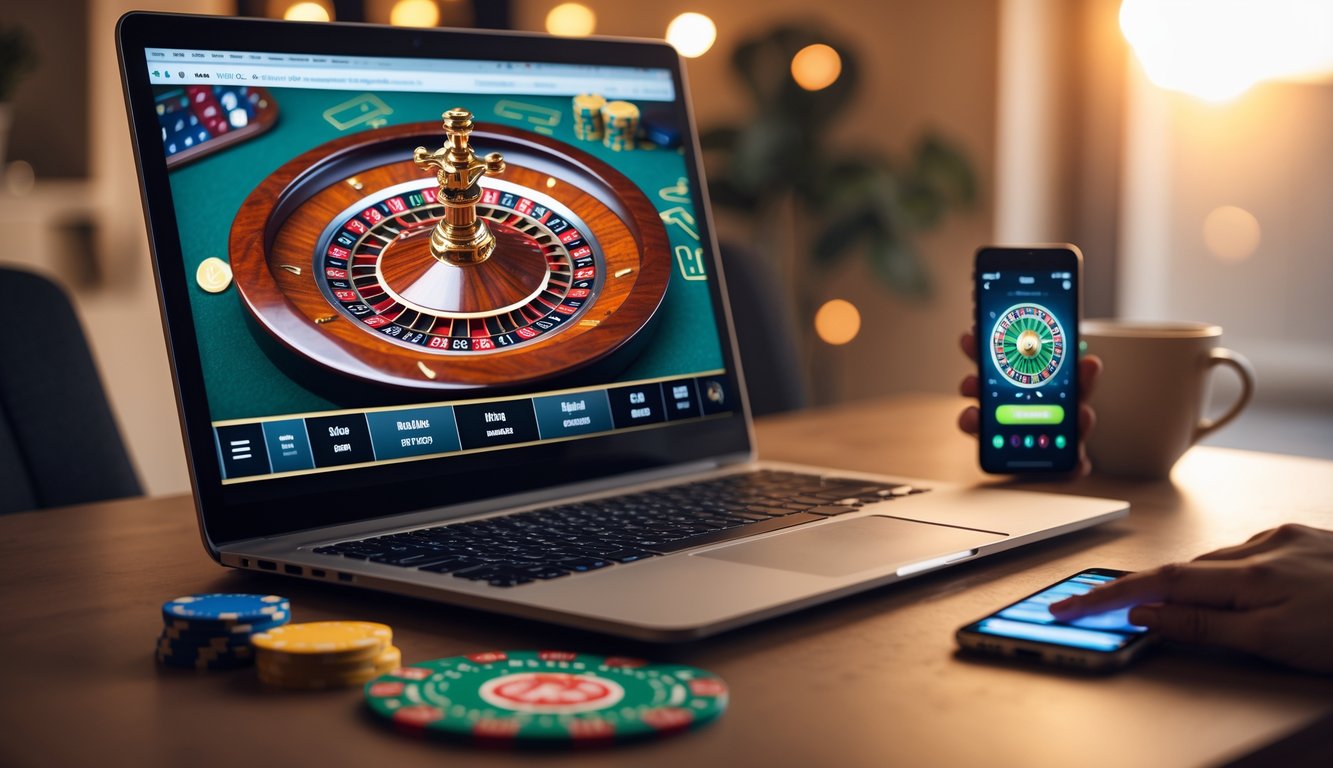 Sebuah komputer dengan layar menampilkan roda roulette digital, dikelilingi oleh chip kasino dan ponsel di atas meja.
