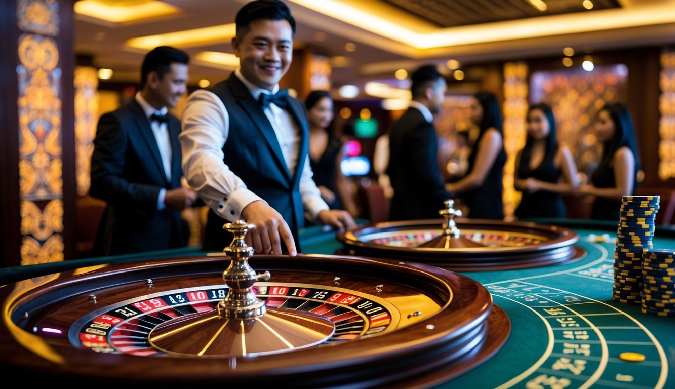 Meja roulette dengan dealer dan pemain di kasino yang elegan di Indonesia.