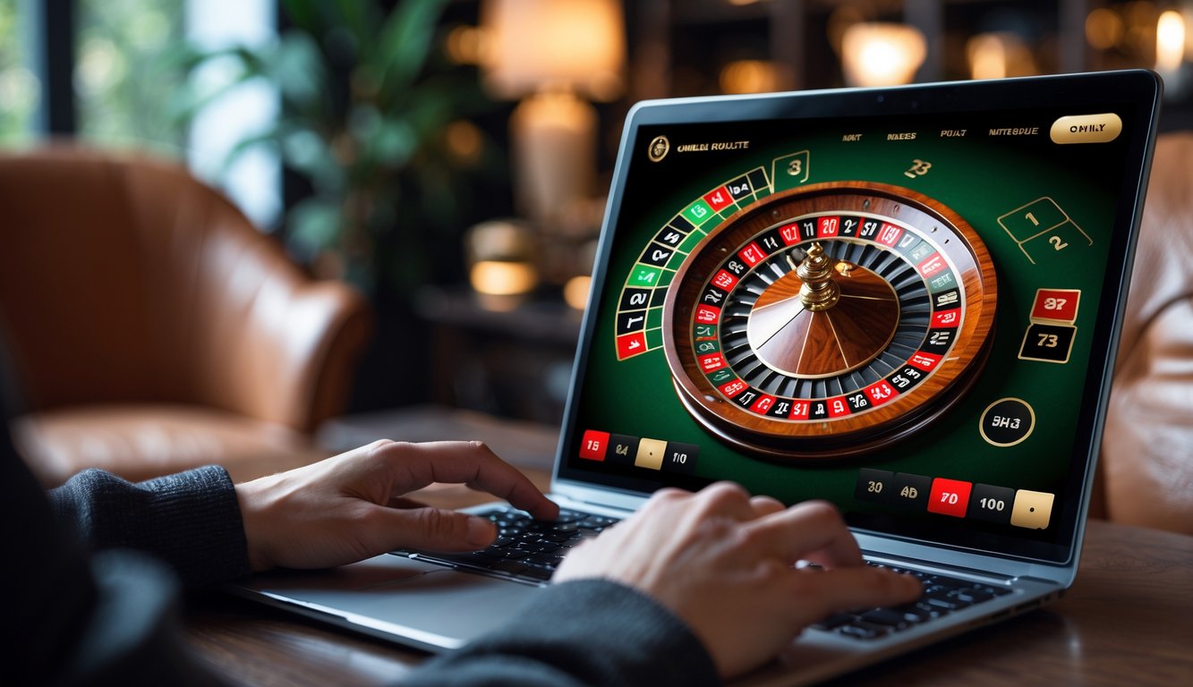 Seorang pengguna bermain roulette online di laptop dengan roda roulette berwarna merah dan hitam yang sedang berputar.