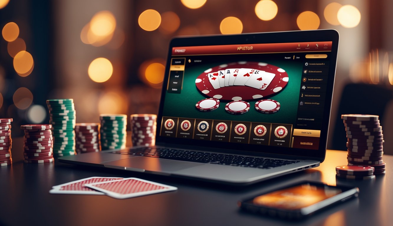 Sebuah meja kerja modern dengan laptop yang menampilkan permainan poker online, tumpukan chip poker, dan kartu remi di sekitarnya.