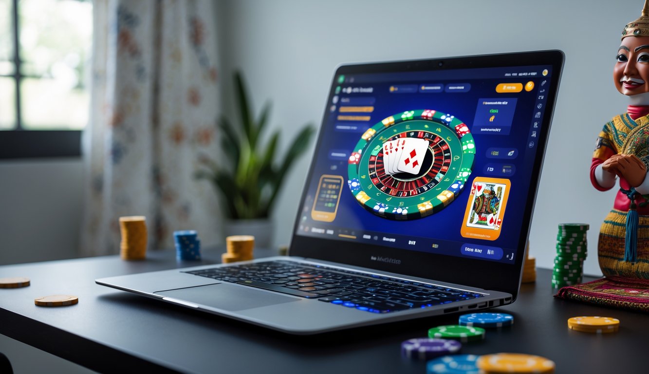 Seorang pengguna bermain poker online di depan komputer dengan latar belakang elemen budaya Indonesia seperti kain batik dan wayang.