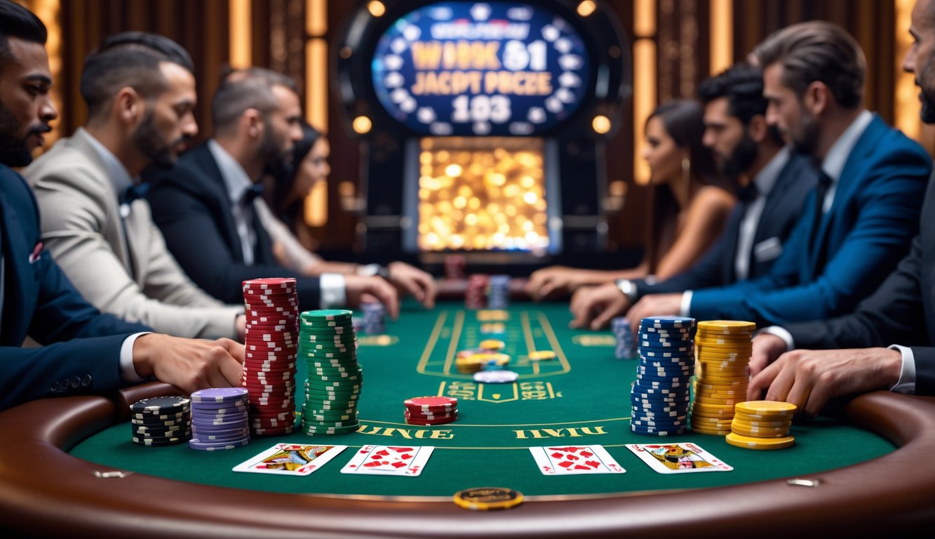 Meja poker dengan chip dan kartu yang tersusun rapi, pemain bermain dengan fokus, suasana penuh semangat dan hadiah jackpot besar terlihat di latar belakang.
