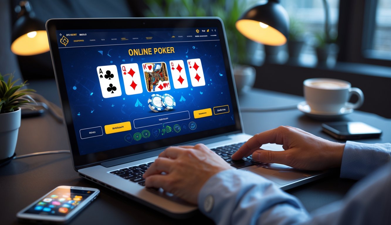 Seseorang bermain poker online dengan laptop di meja kerja modern.