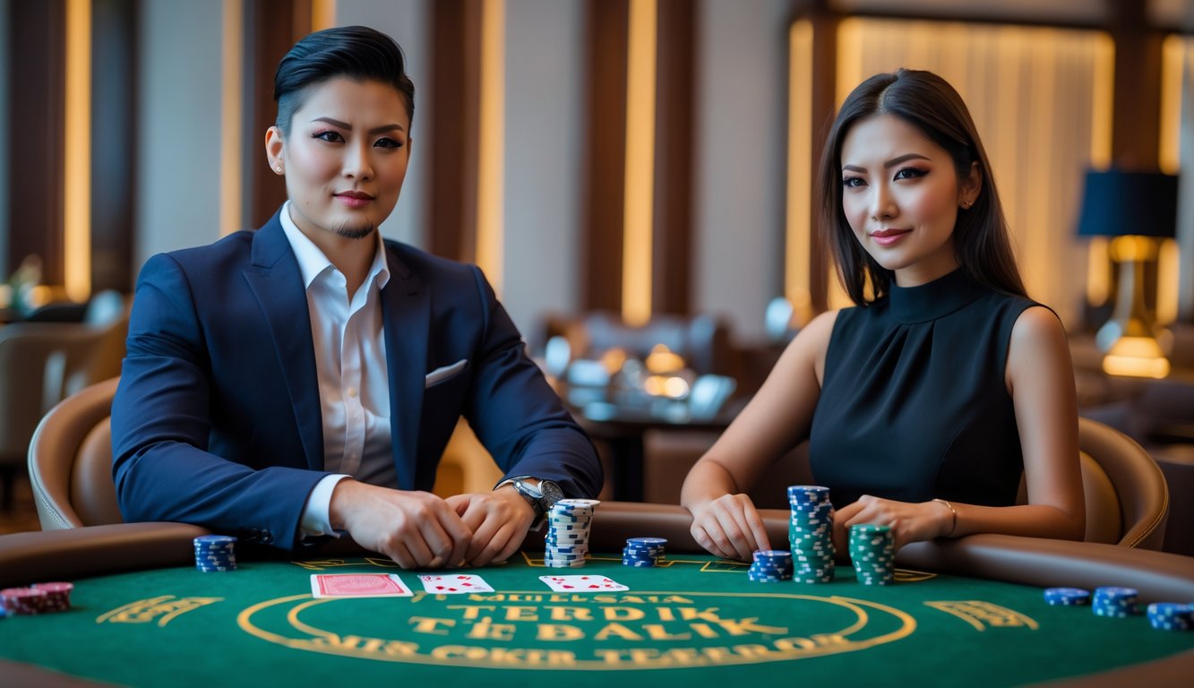 Dua orang bermain poker di meja mewah dengan tumpukan chip dan kartu, di dalam ruangan kasino yang elegan.