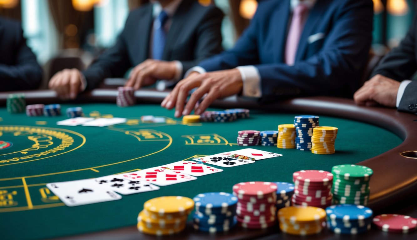 Meja poker dengan chip dan kartu dalam suasana kasino mewah dengan pemain berpakaian rapi di latar belakang.