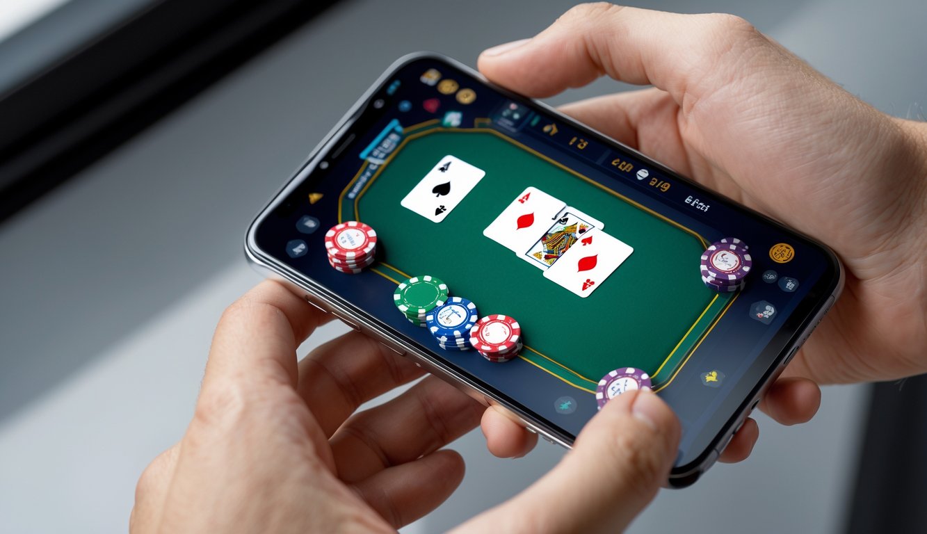 Seseorang memegang ponsel yang menampilkan permainan poker online di layar.