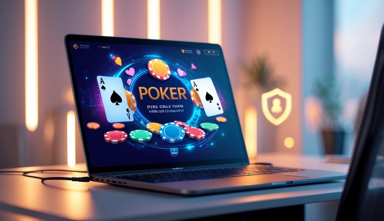 Seseorang bermain poker online di depan komputer dengan tampilan chip dan kartu poker, dikelilingi ikon keamanan.