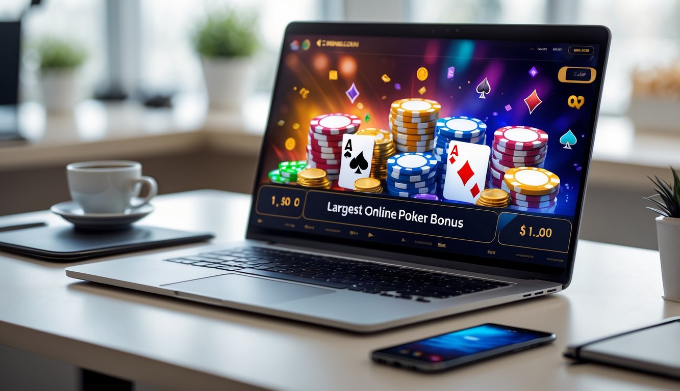 Seseorang bermain poker online dengan laptop yang menampilkan permainan poker dan tumpukan chip di meja yang rapi.