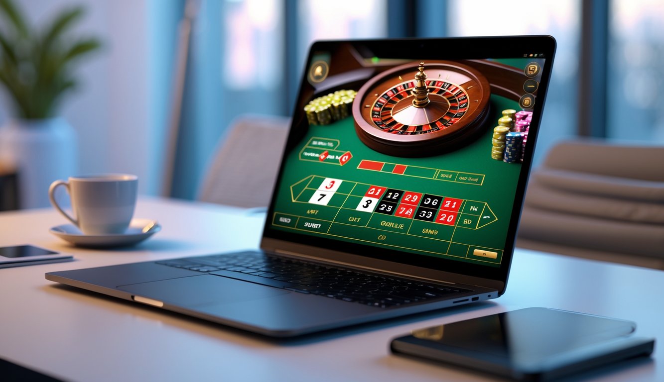 Layar laptop menampilkan permainan roulette online dengan roda roulette dan meja taruhan, di atas meja kerja dengan suasana profesional.