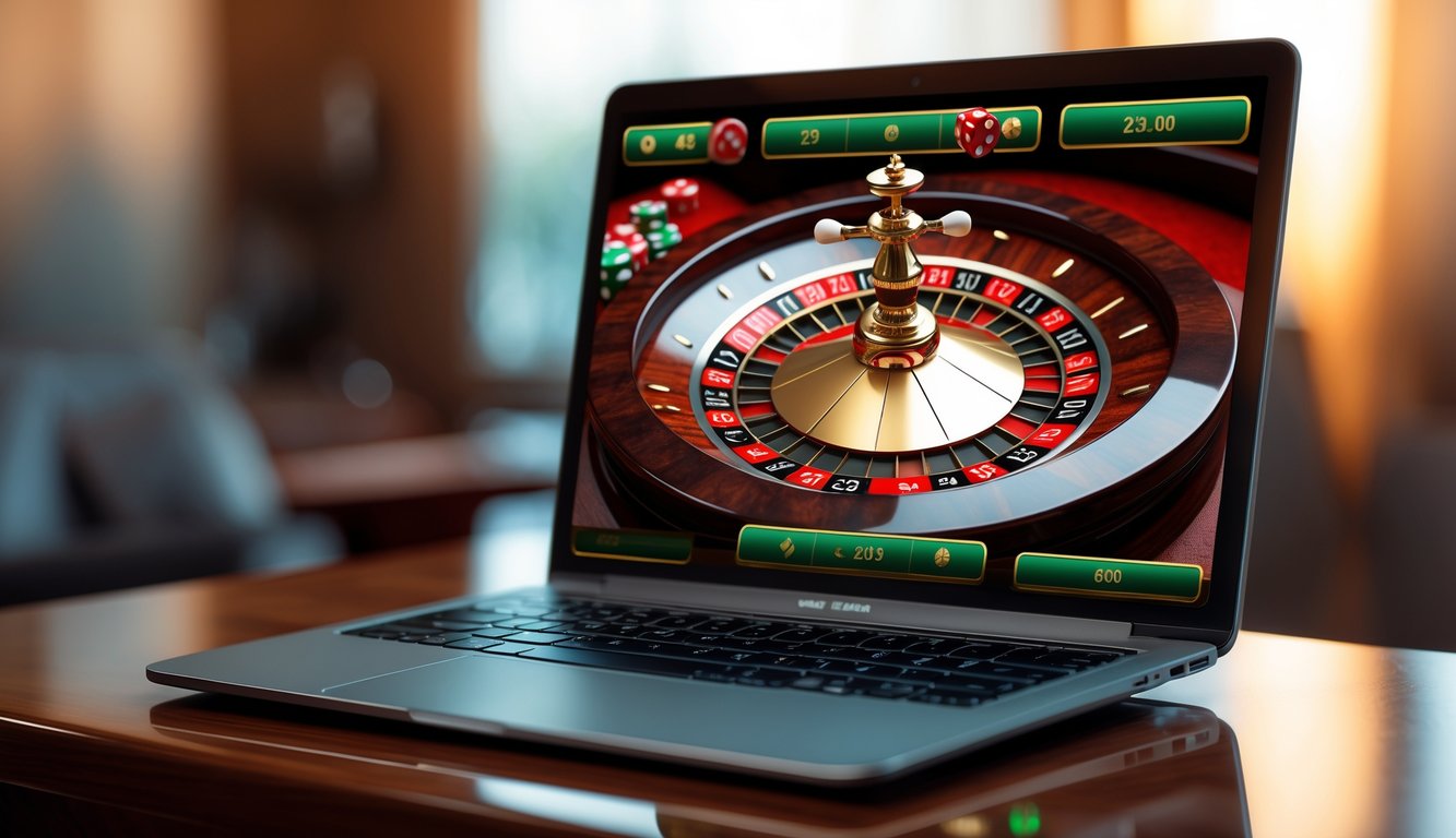 Layar laptop menampilkan permainan roulette online dengan roda roulette berwarna merah, hitam, dan hijau.