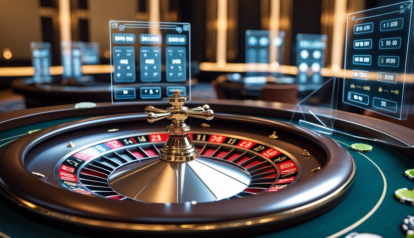 Meja roulette kasino online dengan roda roulette berputar dan tampilan digital di latar belakang mewah.