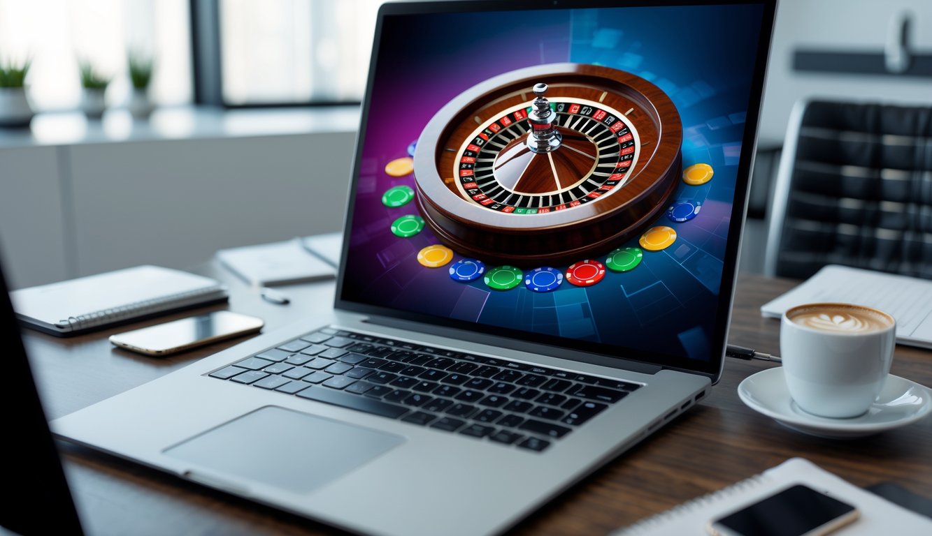 Sebuah komputer menampilkan roda roulette digital yang berputar dengan chip berwarna di meja kantor yang rapi.