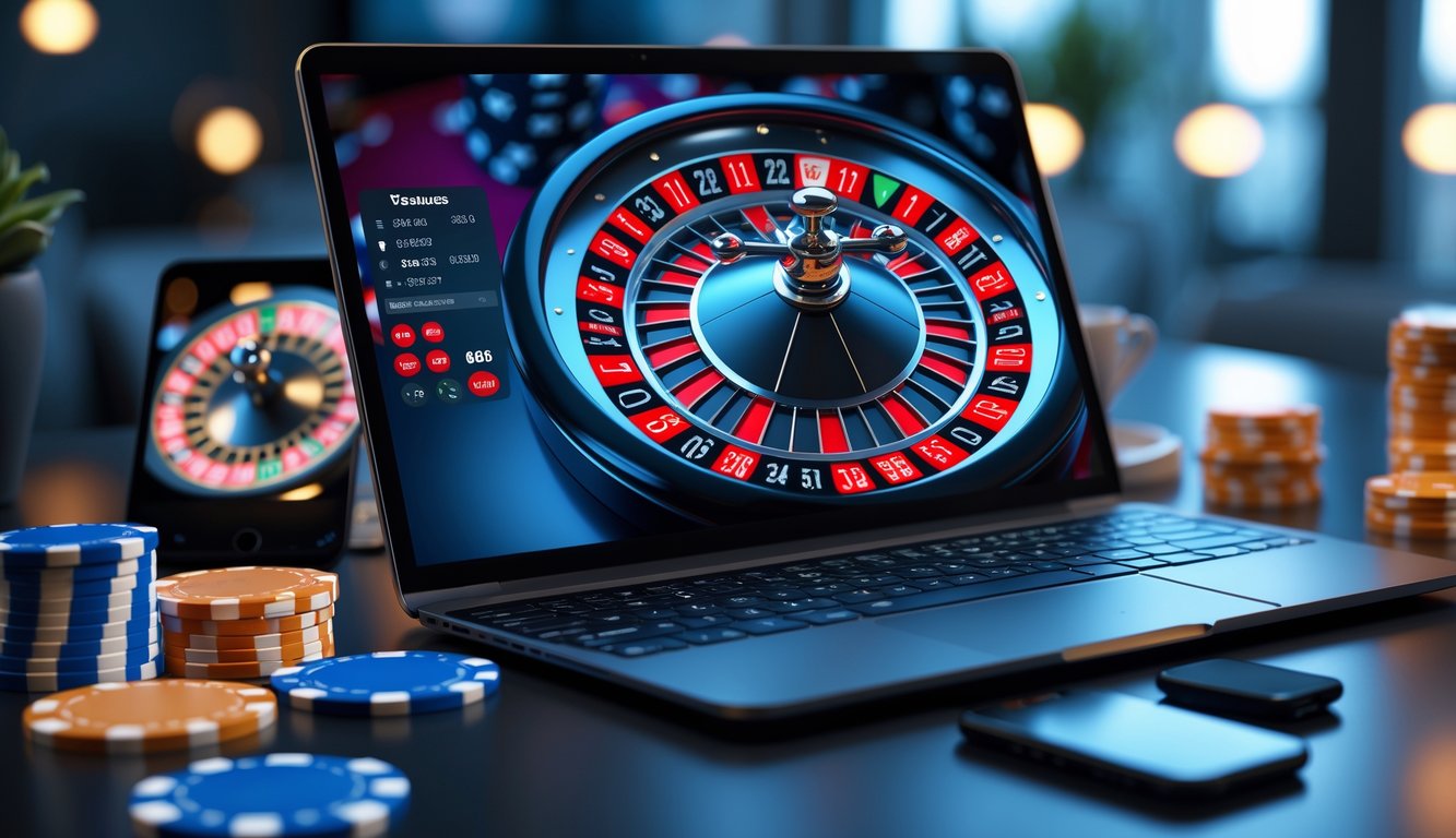 Sebuah layar komputer menampilkan roda roulette yang berputar dengan tumpukan chip dan ponsel di meja kerja modern.