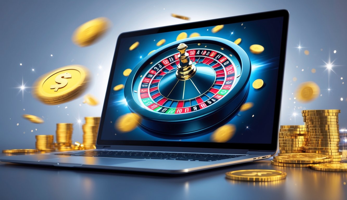 Sebuah laptop menampilkan roda roulette online yang berputar dengan koin emas dan chip digital di sekitarnya, menggambarkan bonus terbesar dalam permainan roulette online.