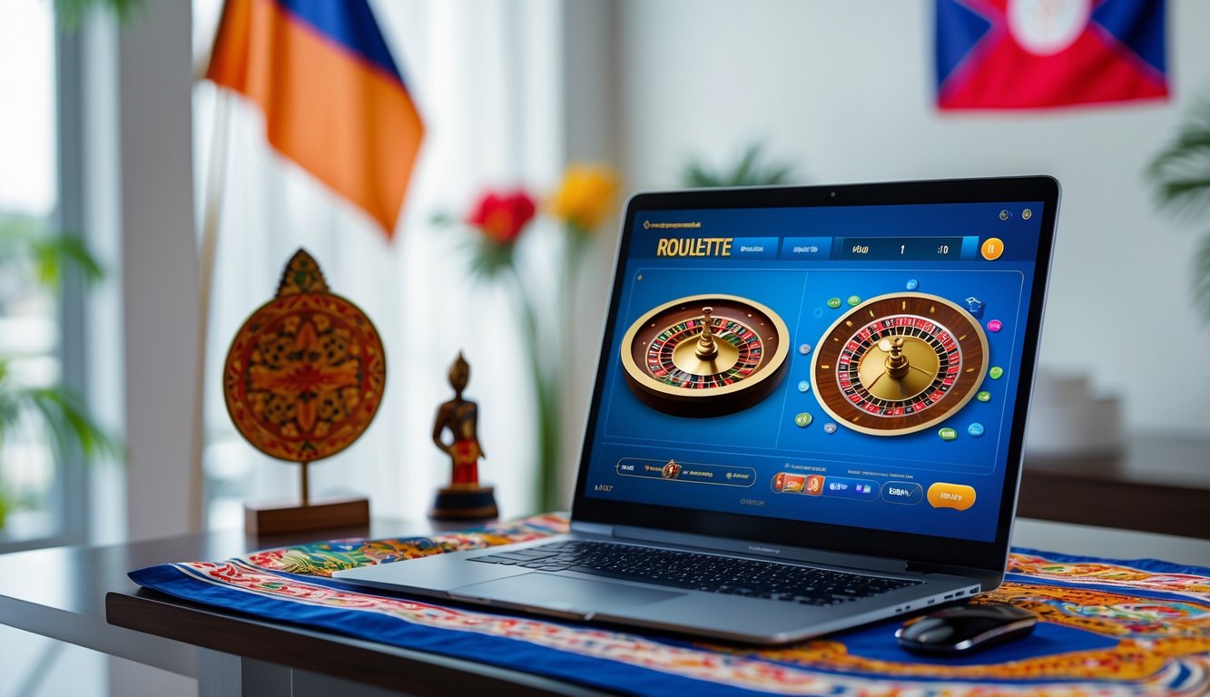 Seseorang bermain roulette online di komputer dengan latar belakang dekorasi khas Indonesia.