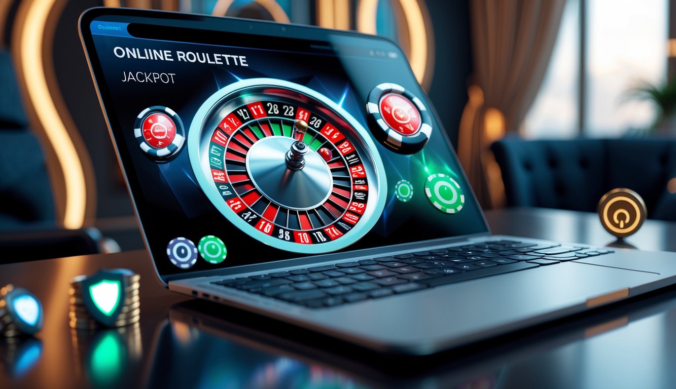 Sebuah layar komputer menampilkan roda roulette digital yang sedang berputar dengan latar belakang suasana permainan yang mewah dan pencahayaan hangat.