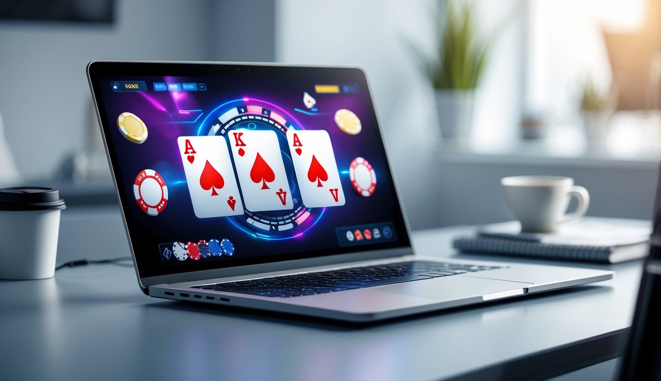 Seseorang sedang bermain poker online di depan layar komputer di ruang kerja yang rapi.