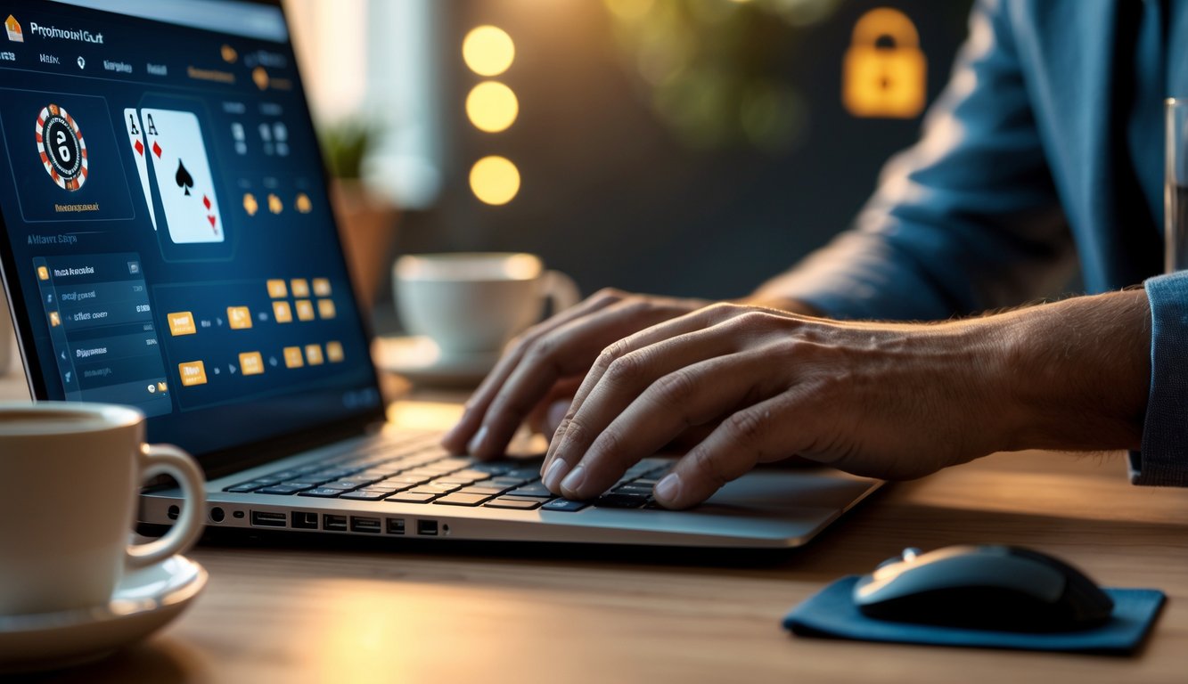 Seseorang sedang bermain poker online menggunakan laptop di ruangan modern dengan pencahayaan hangat.