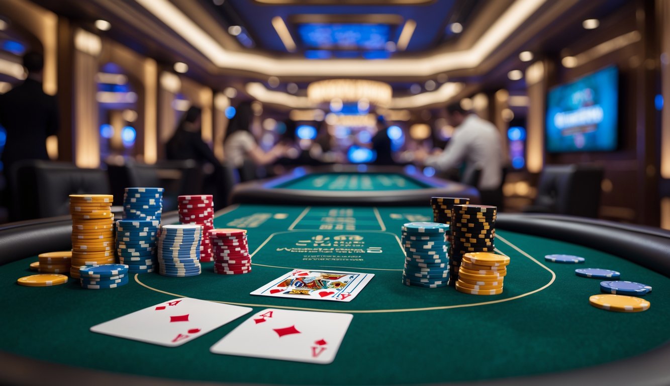 Meja poker dengan chip dan kartu di kasino yang mewah, dengan orang-orang bermain di latar belakang.