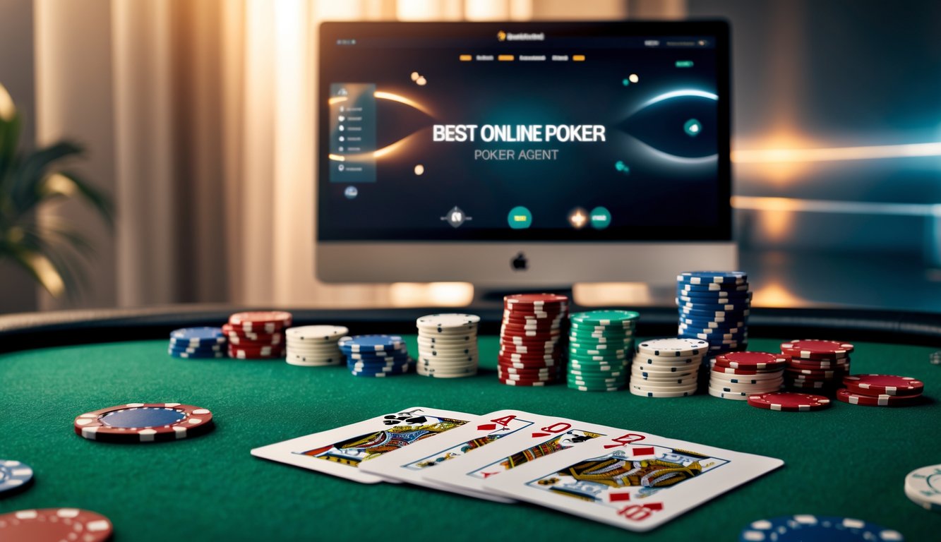 Meja poker dengan chip dan kartu di depan layar komputer yang menampilkan permainan poker online.