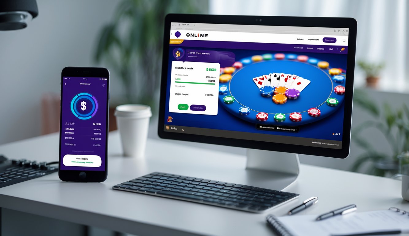 Seseorang menggunakan laptop dan smartphone untuk melakukan deposit pulsa pada permainan poker online di meja kerja yang rapi.