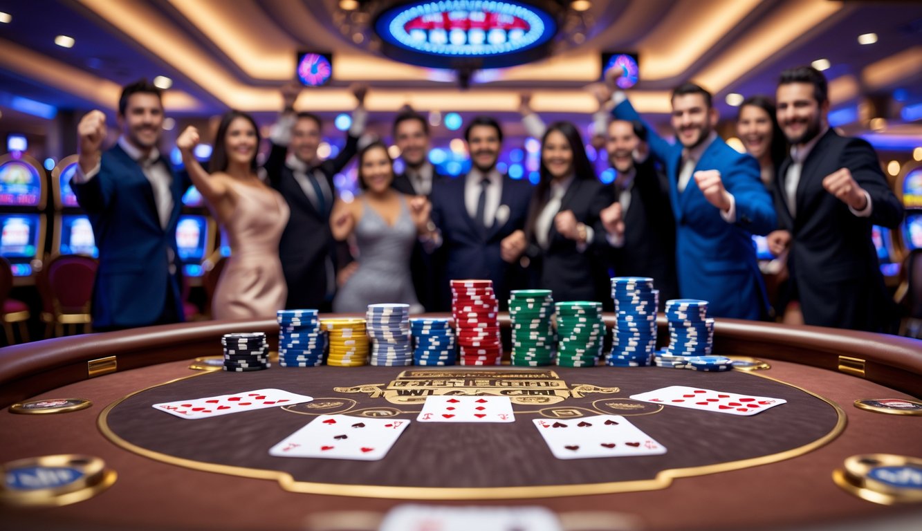 Meja poker mewah dengan chip, kartu, dan uang tunai, dikelilingi oleh pemain yang merayakan kemenangan besar.