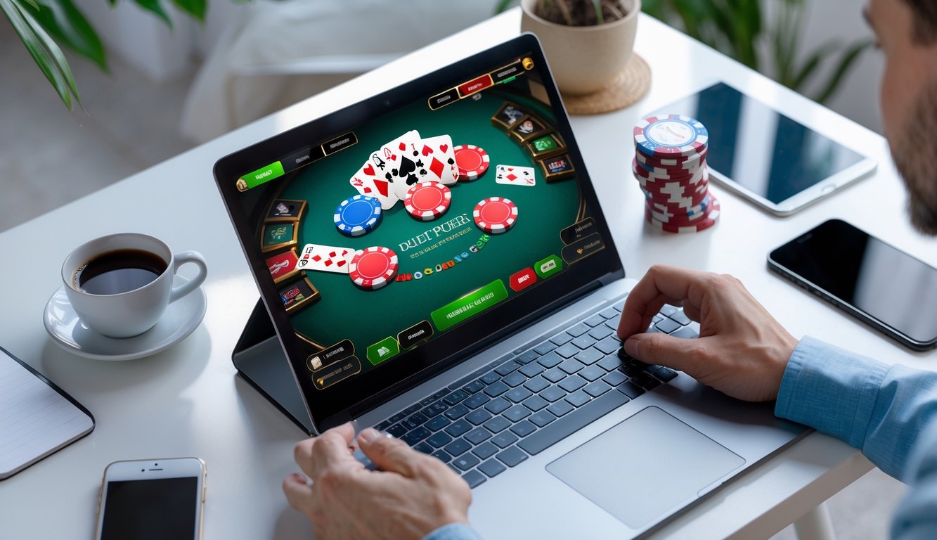 Seseorang bermain poker online menggunakan laptop di meja dengan beberapa chip poker dan kartu remi.
