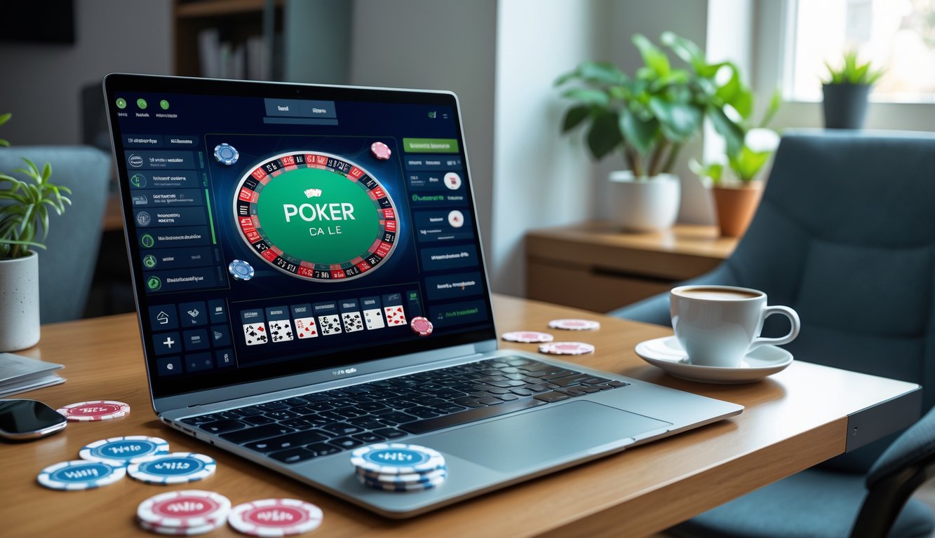 Sebuah meja kerja dengan laptop yang menampilkan permainan poker online, chip poker dan kartu bermain di sekitar laptop, di dalam ruangan yang nyaman dengan pencahayaan alami.