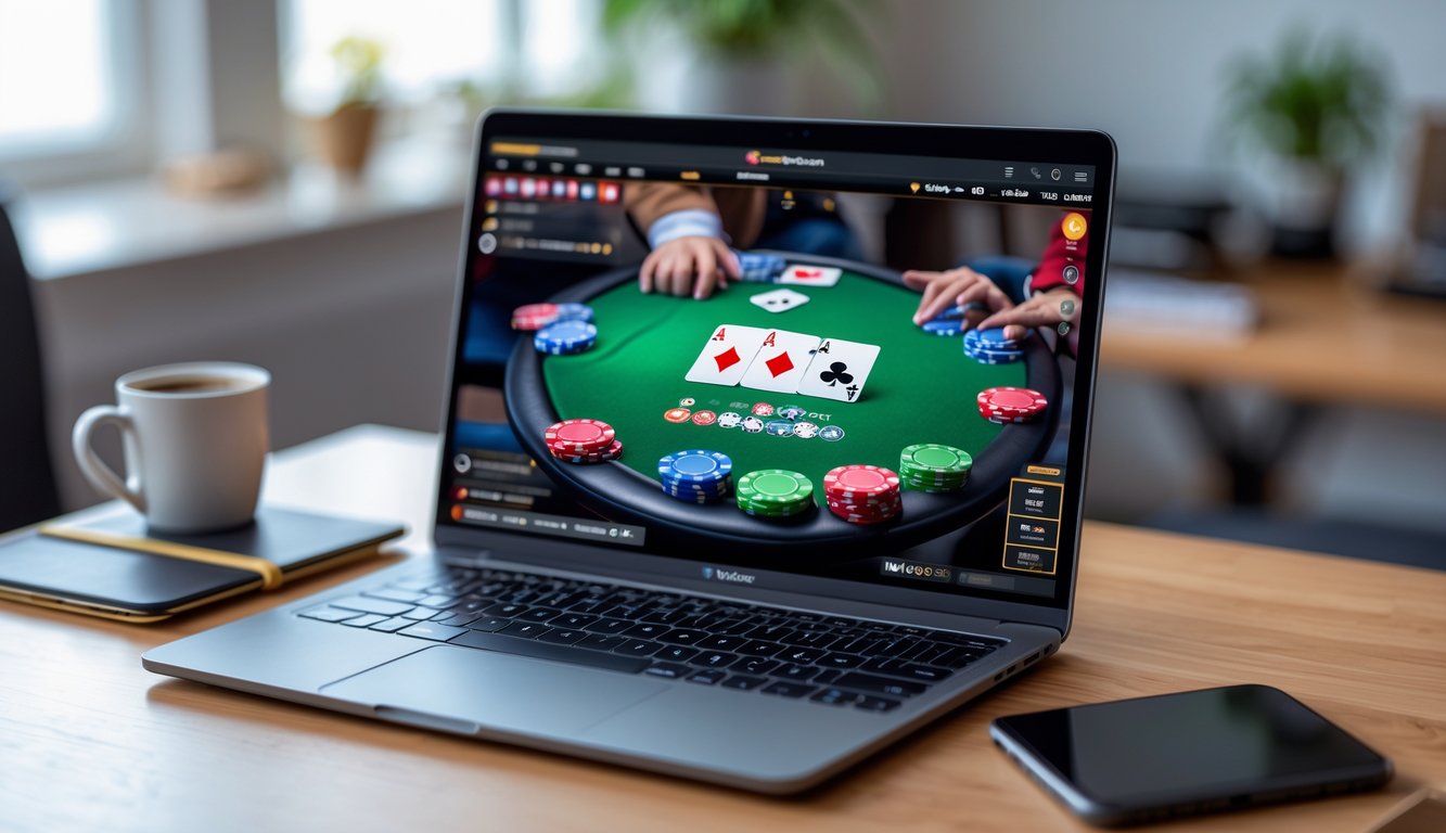 Seorang pemain sedang bermain poker online di laptop di meja kayu dengan kartu dan chip poker terlihat di layar.