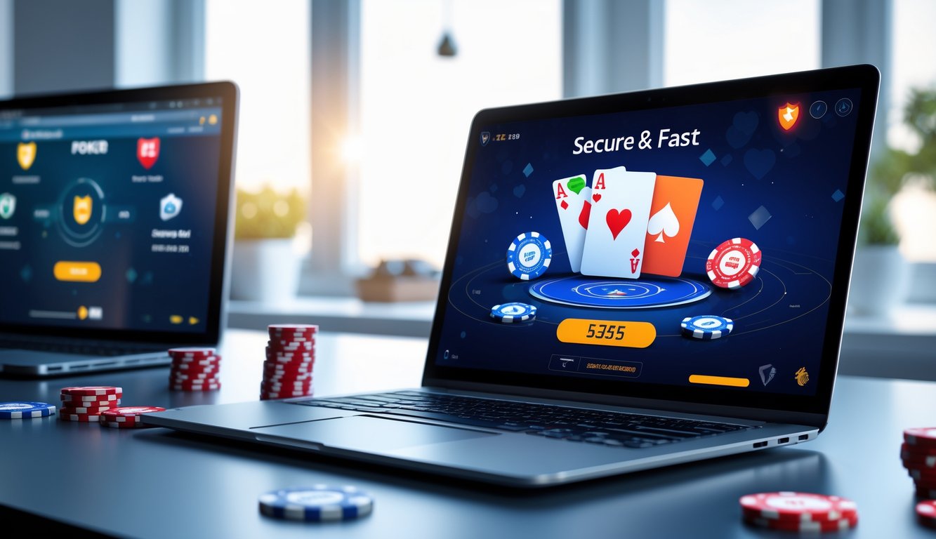 Seorang pengguna bermain poker online di komputer dengan tampilan kartu dan chip poker, menunjukkan pengalaman bermain yang aman dan cepat.