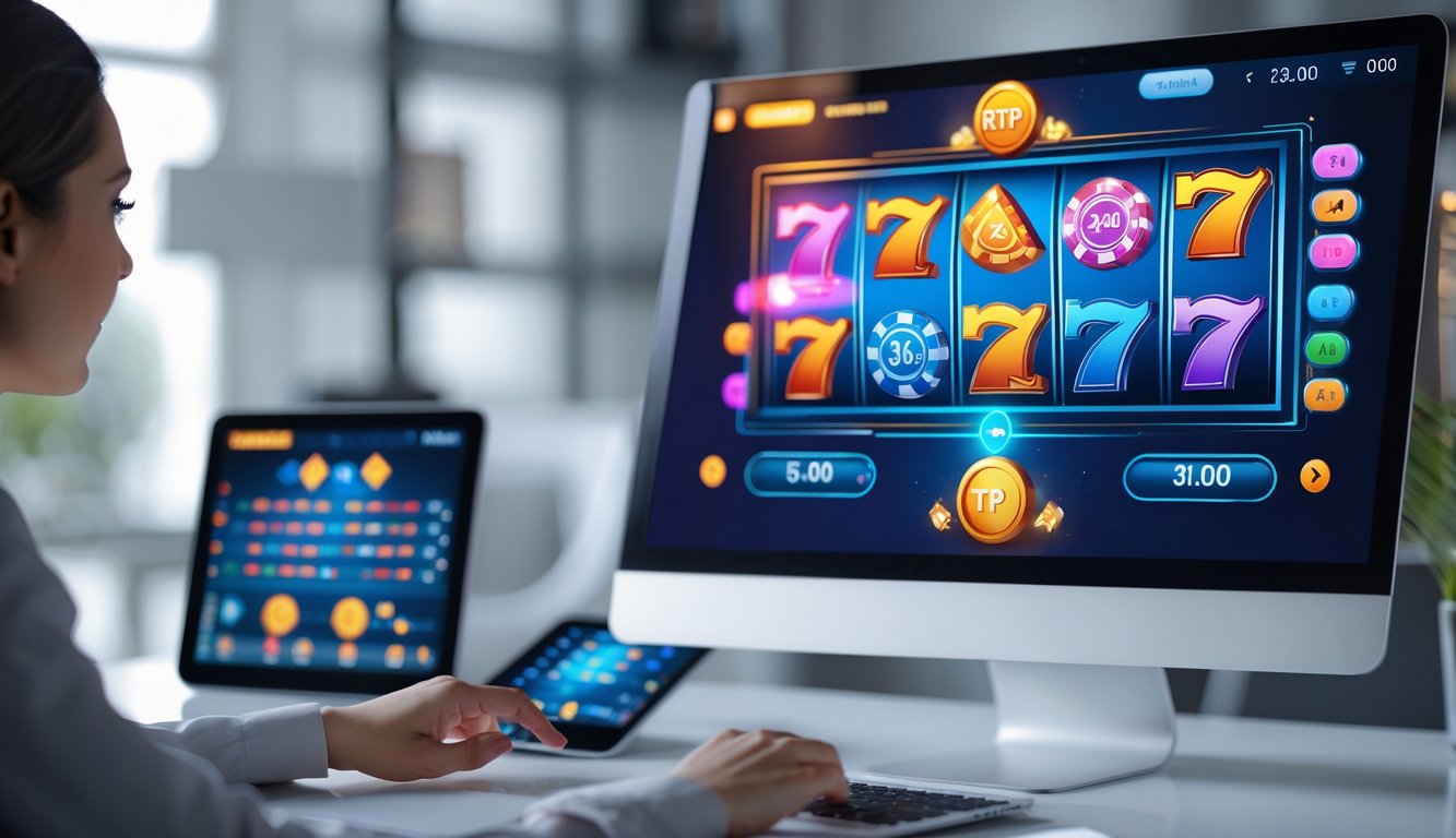 Suasana ruang kerja modern dengan komputer menampilkan permainan judi online dan perangkat digital lain di sekitar.