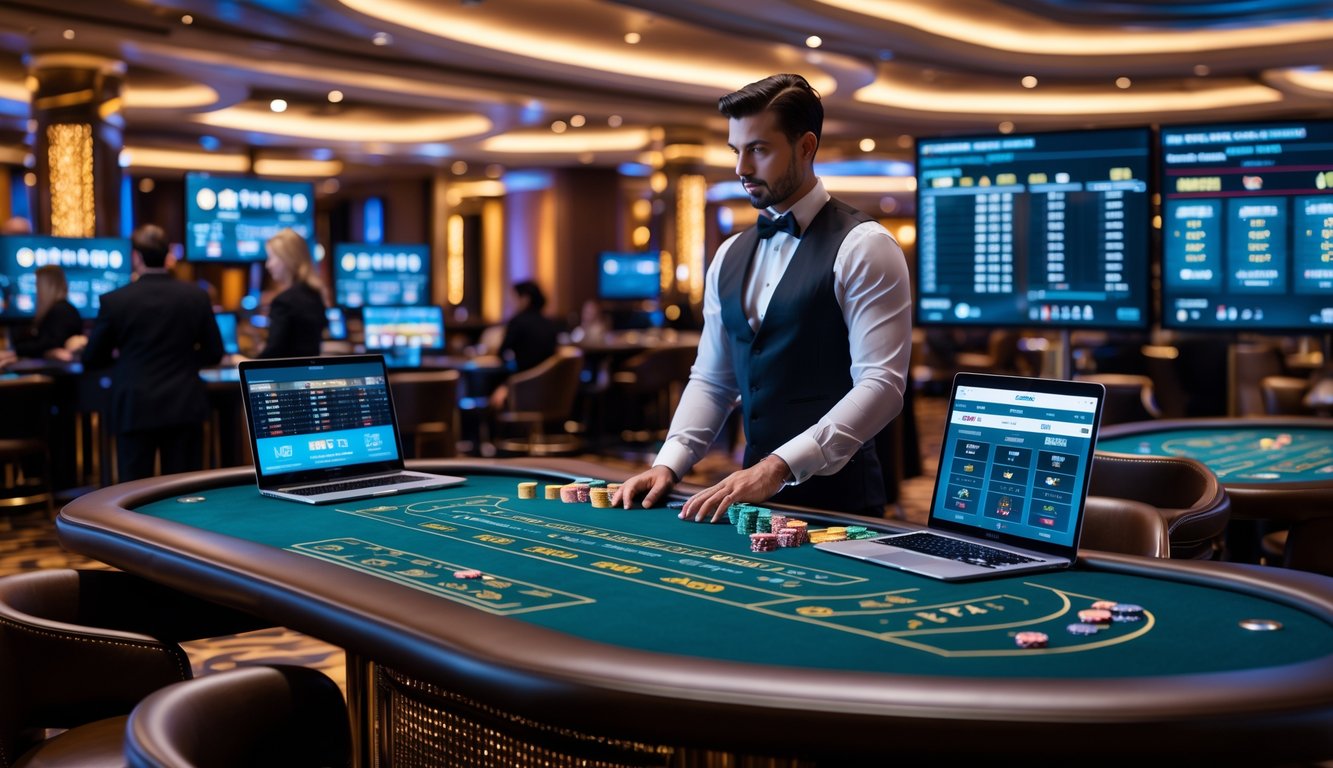 Suasana kasino langsung dengan meja permainan, dealer, dan pemain yang menggunakan perangkat digital.