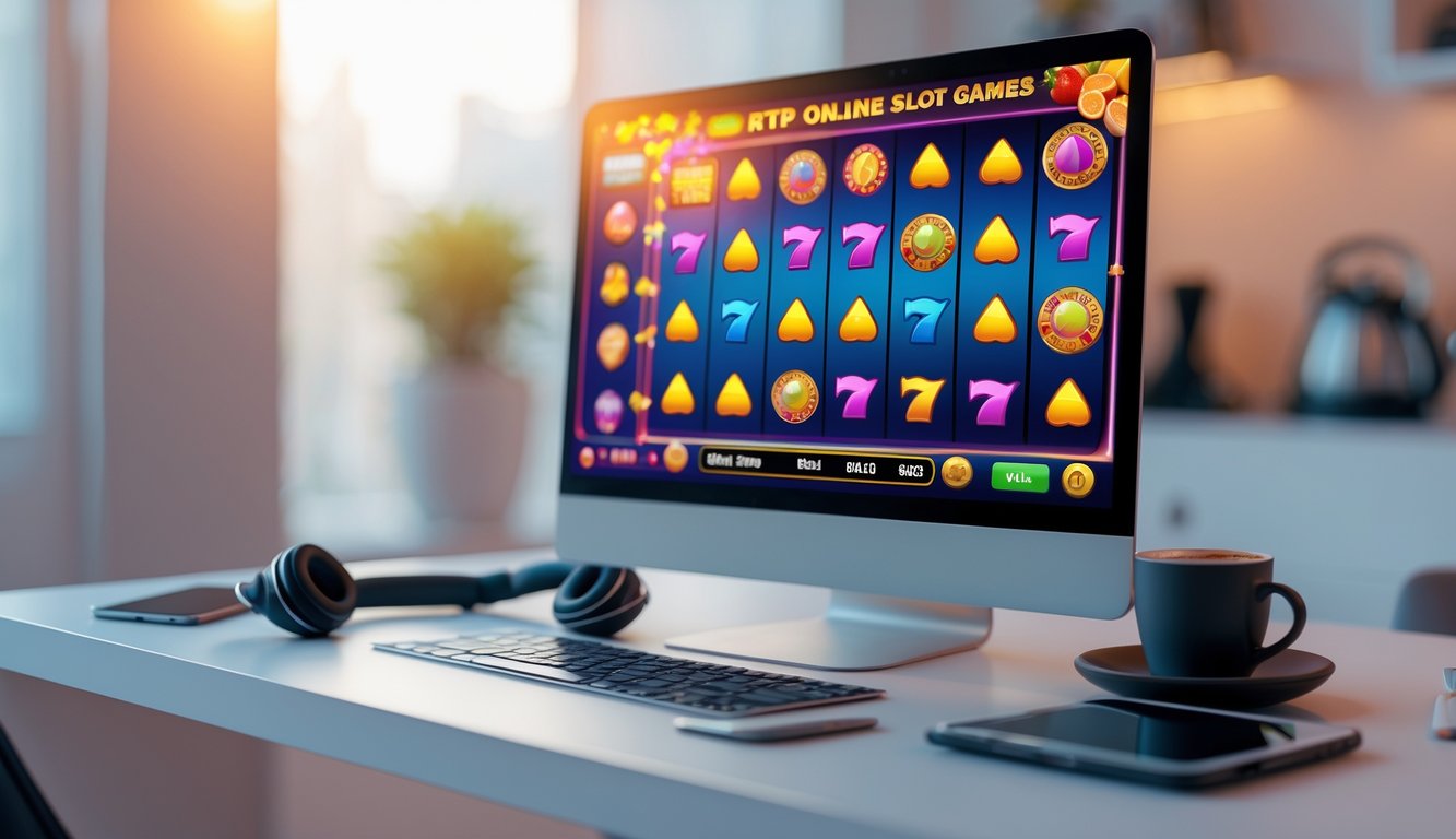 Seorang pengguna sedang bermain permainan slot online terbaik di layar komputer dengan simbol gulungan warna-warni di meja kerja yang rapi.