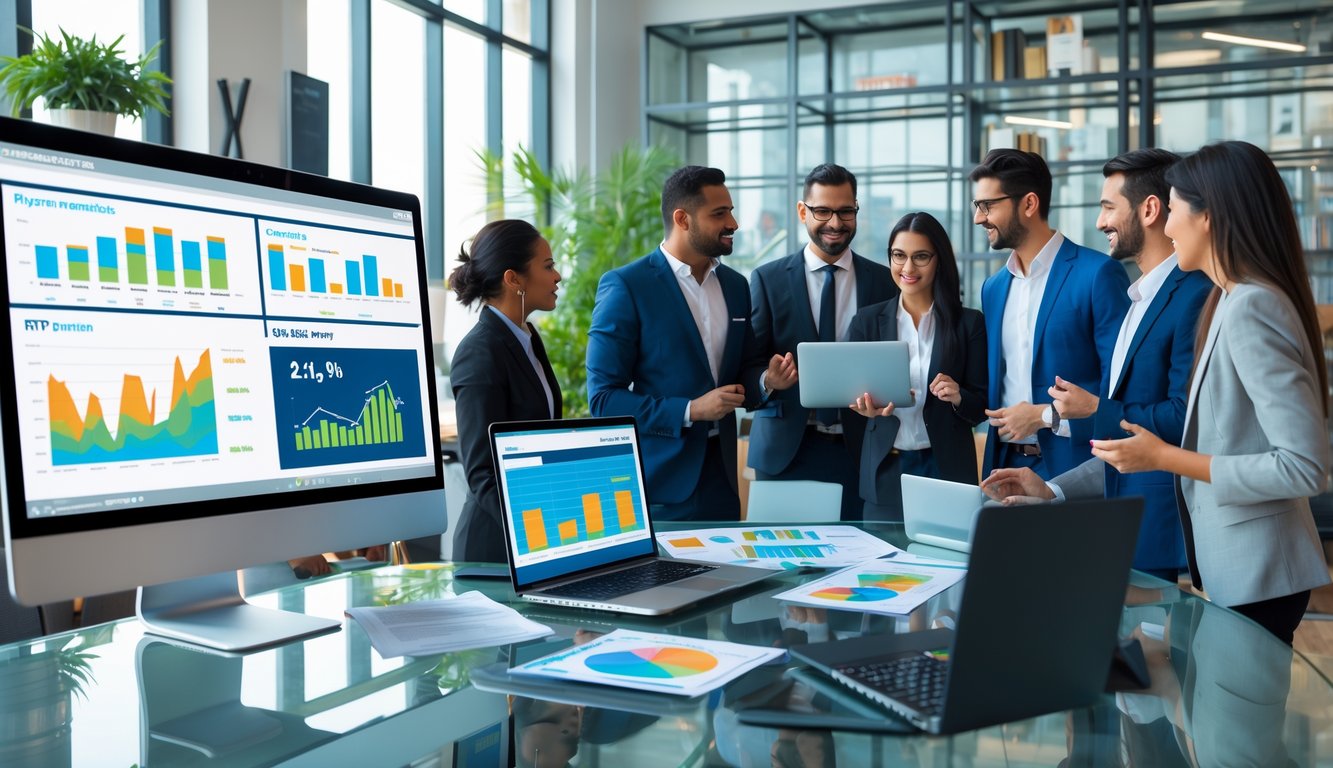 Sekelompok profesional sedang berdiskusi di kantor modern dengan komputer menampilkan grafik dan data keuangan.